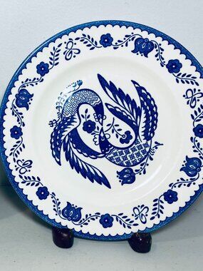 2 VNTG Mount Clemens Pottery 10" Plates Blue&White "Lovebirds & Tulips" D/W Oven